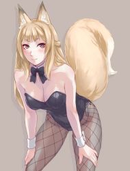 Rule 34 | 1girl, animal ears, blush, bow, bowtie, breasts, cleavage, detached collar, fishnet pantyhose, fishnets, fox ears, fox tail, grey background, leotard, long hair, looking at viewer, nontraditional playboy bunny, original, pantyhose, playboy bunny, purple eyes, saba no miso ni, saba no misoni (doddosi), simple background, slit pupils, smile, solo, tail, wrist cuffs