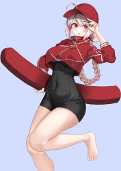 Rule 34 | 1girl, absurdres, ahoge, barefoot, baseball cap, black one-piece swimsuit, blonde hair, blue background, braid, commentary request, cosplay, covered navel, cropped jacket, fate/grand order, fate (series), florence nightingale (fate), hair between eyes, hand up, hat, highres, jacket, long hair, looking at viewer, mergerri, mysterious heroine x (fate), mysterious heroine x (fate) (cosplay), one-piece swimsuit, red eyes, red hat, red jacket, simple background, single braid, solo, standing, standing on one leg, swimsuit, swimsuit under clothes