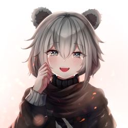 Rule 34 | 1girl, animal ears, arknights, bear ears, black jacket, blush, commentary, crying, crying with eyes open, grey eyes, grey hair, hand up, highres, jacket, looking at viewer, misha (arknights), morihar, open mouth, portrait, short hair, simple background, solo, tears, white background