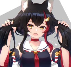 Rule 34 | 1girl, animal ear fluff, animal ears, bell, black hair, black shirt, black sleeves, blush, breasts, brown eyes, bunching hair, choker, collarbone, commentary request, fang, grey background, hair between eyes, hair ornament, hands up, hololive, hot kakigoori, jingle bell, long hair, long sleeves, looking at viewer, medium breasts, multicolored hair, ookami mio, ookami mio (1st costume), open mouth, red choker, red hair, sailor collar, shirt, sleeveless, sleeveless shirt, solo, streaked hair, translation request, two-tone background, upper body, virtual youtuber, white background, white sailor collar, wide sleeves, wolf ears