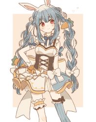 Rule 34 | 1girl, animal ears, arm ribbon, artist name, blue bow, blue bowtie, blue hair, blue thighhighs, blush, bow, bowtie, braid, breasts, carrot hair ornament, closed mouth, commentary, corset, cowboy shot, dress, facing viewer, food-themed hair ornament, hair ornament, hair ribbon, hand on own hip, highres, hololive, large bow, light blue hair, long hair, looking to the side, medium breasts, multicolored hair, official alternate costume, pink background, pleated dress, rabbit-shaped pupils, rabbit ears, red eyes, ribbon, signature, simple background, single thighhigh, sleeveless, sleeveless dress, smile, solo, striped clothes, striped thighhighs, symbol-only commentary, symbol-shaped pupils, thick eyebrows, thigh strap, thighhighs, traum38, tress ribbon, twin braids, twintails, two-tone background, two-tone hair, usada pekora, vertical-striped clothes, vertical-striped thighhighs, virtual youtuber, white background, white bow, white dress, white hair, white ribbon, wrist cuffs