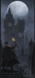 Rule 34 | 1girl, @ (symbol), architecture, artist name, bloodborne, boots, cape, clock, clock tower, cloud, cloudy sky, coat, commission, commissioner name, flying buttress, full moon, gloves, goth fashion, gothic architecture, hat, hat feather, highres, holding, holding sword, holding torch, holding weapon, ihf95, lady maria of the astral clocktower, long hair, moon, ponytail, rakuyo (bloodborne), scenery, sky, solo, sword, torch, tower, tricorne, weapon, white hair, yharnam