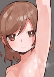 Rule 34 | 1girl, absurdres, aijou karen, arm up, armpits, breasts, bright pupils, brown eyes, brown hair, closed mouth, commentary, goe (g-o-e), grey background, highres, light blush, looking at viewer, medium breasts, nude, out-of-frame censoring, portrait, short hair, shoujo kageki revue starlight, simple background, solo, steaming body, swept bangs, upper body, white pupils