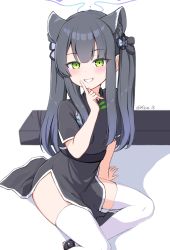 Rule 34 | 1girl, aged down, animal ear fluff, animal ears, artworks/97692249, black dress, black hair, blue archive, blunt bangs, china dress, chinese clothes, dress, green eyes, halo, highres, looking at viewer, reia 76, short sleeves, shun (blue archive), shun (small) (blue archive), smug, solo, tiger ears, tiger girl, white legwear