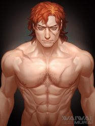 Rule 34 | 1boy, abs, absurdres, body hair, copyright request, green eyes, highres, male focus, muscular, muscular male, pectorals, red hair, scar, scar on face, solo, waiwai mura