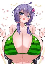 Rule 34 | 1girl, :3, areola slip, bikini, black jacket, blue eyes, blush, breasts, bursting breasts, cleavage, collarbone, food print, green bikini, hands up, highres, huge breasts, jacket, long hair, looking at viewer, low twintails, open mouth, purple hair, simple background, sintaro okabe, smug, solo, suika game, swimsuit, twintails, vocaloid, voiceroid, watermelon print, white background, yuzuki yukari