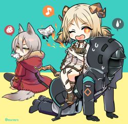 Rule 34 | + +, 1boy, 2girls, all fours, animal ear fluff, animal ears, arknights, bad id, bad pixiv id, black footwear, black gloves, black jacket, black legwear, black pants, blue background, brown hair, burnt, commentary request, curled horns, doctor (arknights), dress, eighth note, fire, fur-trimmed hood, fur trim, gloves, green eyes, grey hair, hair between eyes, heart, heart in mouth, hood, hood up, hooded jacket, horns, ifrit (arknights), jacket, long sleeves, looking at viewer, looking back, low twintails, mashiro miru, material growth, mouth hold, multiple girls, musical note, one eye closed, open mouth, oripathy lesion (arknights), pants, pantyhose, parted bangs, projekt red (arknights), red eyes, red jacket, shoes, short twintails, sitting, sitting on person, spoken musical note, spoken squiggle, spoken sweatdrop, squiggle, sweat, sweatdrop, tail, toeless footwear, twintails, twitter username, two-tone background, v-shaped eyebrows, white dress, yellow background