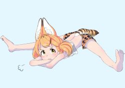 Rule 34 | 1girl, :3, puff of air, adapted costume, alternate hairstyle, animal ears, bare arms, bare legs, bare shoulders, barefoot, blonde hair, commentary request, crop top, crossed arms, extra ears, flexible, hair ornament, hairclip, kemono friends, print shorts, serval (kemono friends), serval print, serval tail, shirt, short hair, short twintails, shorts, sitting, sleeveless, smug, solo, stretching, tail, twintails, white shirt, yakko picture, yellow eyes