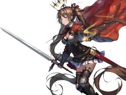 Rule 34 | 1girl, absurdly long hair, armor, armored boots, boots, breasts, brown eyes, brown hair, cape, cleavage, hair ribbon, halo, highres, holding, holding sword, holding weapon, knee pads, long hair, looking at viewer, magic, medium breasts, miniskirt, pleated skirt, ribbon, sheath, shi-chen, skirt, solo, sword, thighhighs, twintails, very long hair, weapon, white background, zettai ryouiki