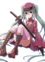 Rule 34 | 1girl, 23-0, absurdly long hair, bad id, bad pixiv id, black gloves, boots, brown footwear, floating hair, gloves, green hair, hair between eyes, hair ribbon, hat, hatsune miku, holding, holding sword, holding weapon, jacket, katana, long hair, long sleeves, looking at viewer, military hat, military jacket, miniskirt, pink jacket, pink thighhighs, pleated skirt, purple hat, purple skirt, red eyes, red ribbon, ribbon, senbon-zakura (vocaloid), sheath, sheathed, skirt, smile, solo, sword, thighhighs, twintails, very long hair, vocaloid, weapon, wide sleeves, zettai ryouiki