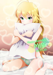 Rule 34 | 1girl, ahoge, bed sheet, blonde hair, blush, bow, bow panties, brown background, crossed arms, dated, gradient background, green bow, green eyes, green panties, happy birthday, heart, hoshii miki, idolmaster, idolmaster (classic), lingerie, long hair, looking at viewer, hugging object, on bed, panties, pillow, pillow hug, sitting, solo, sunsun69, underwear, very long hair, wariza