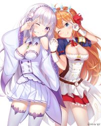 Rule 34 | 2girls, :p, absurdres, ahoge, bad id, bad pixiv id, bare shoulders, blue eyes, blush, boots, braid, breasts, cleavage, closed mouth, commentary request, crossover, crown braid, detached collar, detached sleeves, dress, elf, emilia (re:zero), flower, frills, gem, gloves, grin, hair between eyes, hair flower, hair ornament, hair ribbon, hands up, highres, holding hands, large breasts, long hair, long sleeves, looking at viewer, medium breasts, miniskirt, multiple girls, o-ring, one eye closed, open mouth, orange hair, pecorine (princess connect!), pleated skirt, pointy ears, princess connect!, purple eyes, purple ribbon, re:zero kara hajimeru isekai seikatsu, red ribbon, red skirt, ribbon, short sleeves, silver hair, simple background, skirt, smile, thigh boots, thighhighs, tiara, tongue, tongue out, twitter username, v, very long hair, white background, white dress, white flower, white gloves, white legwear, white skirt, wide sleeves, zeroillya, zettai ryouiki