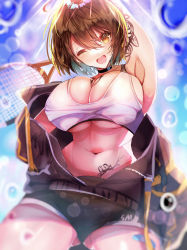 Rule 34 | 1girl, :o, absurdres, ahoge, arm behind head, arm tattoo, azur lane, bad id, bad pixiv id, baltimore (azur lane), baltimore (black ace) (azur lane), bandaid, bandaid on leg, bare shoulders, black shorts, blue sky, breasts, brown hair, chest tattoo, choker, cleavage, clothes lift, commentary, from below, hair between eyes, highres, holding, holding racket, jacket, large breasts, looking at viewer, looking down, navel, off-shoulder jacket, off shoulder, one eye closed, open clothes, open jacket, open mouth, racket, short hair, short shorts, shorts, sky, sports bra, sports bra lift, sportswear, stomach tattoo, tattoo, tennis racket, tennis uniform, thighs, tub (abcehknqux), underboob, white sports bra, yellow eyes