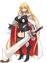 Rule 34 | 1girl, absurdly long hair, armor, blonde hair, boots, braid, breasts, cleavage cutout, clothing cutout, covered navel, earrings, end breaker!, covered erect nipples, french braid, full body, garter straps, gauntlets, gloves, green eyes, high heels, holding, holding sword, holding weapon, huge breasts, huge weapon, jewelry, long hair, looking at viewer, official art, pauldrons, ryoji (nomura ryouji), shoulder armor, skin tight, smile, solo, sword, thighhighs, twin braids, very long hair, weapon