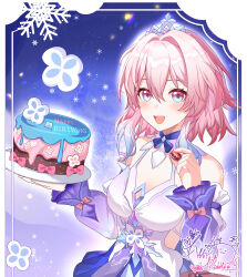 1girl abby_riddle absurdres bare_shoulders birthday_cake blue_collar blue_dress blue_eyes blue_hair bow breasts cake chinese_commentary clothing_cutout collar colored_tips commentary_request detached_sleeves dress food gradient_sleeves happy_birthday highres holding holding_food honkai:_star_rail honkai_(series) march_7th_(honkai:_star_rail) march_7th_(nascent_spring)_(honkai:_star_rail) medium_breasts medium_hair multicolored_hair official_alternate_costume open_mouth pink_bow pink_eyes pink_hair pink_pupils purple_dress purple_sleeves short_dress signature smile solo teeth tiara two-tone_collar two-tone_eyes upper_body upper_teeth_only white_collar white_dress white_sleeves