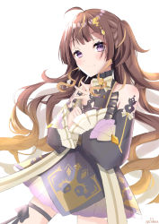 Rule 34 | 1girl, absurdres, anya melfissa, anya melfissa (1st costume), brown hair, detached sleeves, dress, evelyynkla, frilled dress, frills, gradient hair, hair between eyes, highres, hololive, hololive indonesia, jewelry, kris hair ornament, long hair, multicolored hair, purple eyes, ribbon, virtual youtuber, white background