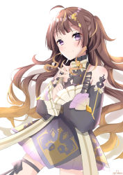 1girl absurdres anya_melfissa anya_melfissa_(1st_costume) brown_hair detached_sleeves dress evelyynkla frilled_dress frills gradient_hair hair_between_eyes highres hololive hololive_indonesia jewelry kris_hair_ornament long_hair multicolored_hair purple_eyes ribbon virtual_youtuber white_background