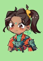 Rule 34 | 1girl, absurdres, animification, apex legends, aqua shirt, blush, brown eyes, brown hair, chest harness, dark-skinned female, dark skin, earrings, frown, green background, hair behind ear, harness, highres, jacket, jewelry, leaning forward, orange jacket, rampart (apex legends), shirt, side ponytail, signature, sketch, solo, suru melon, tearing up