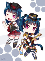 Rule 34 | &gt;:), 2girls, ;d, animal ear fluff, animal ears, asymmetrical legwear, belt collar, black footwear, black hat, black legwear, black vest, blue collar, blue hair, blue skirt, blush, boots, bow, brown footwear, cat ears, cat girl, cat tail, center frills, chibi, closed mouth, collar, commentary request, cowboy hat, eighth note, fortissimo, frilled boots, frills, fur-trimmed gloves, fur trim, gloves, hair ornament, hands up, hat, head tilt, holding, holding instrument, instrument, jacket, kemonomimi mode, knee boots, langbazi, long hair, looking at viewer, looking back, love live!, love live! school idol festival, love live! sunshine!!, mismatched legwear, multiple girls, musical note, musical note hair ornament, one eye closed, open clothes, open mouth, open vest, peaked cap, pleated skirt, puffy short sleeves, puffy sleeves, purple eyes, red skirt, shirt, short sleeves, signature, skirt, smile, striped clothes, striped legwear, striped thighhighs, tail, tail raised, thighhighs, thighhighs under boots, tsushima yoshiko, twintails, v-shaped eyebrows, vest, white bow, white gloves, white jacket, white shirt