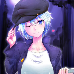 Rule 34 | 1girl, blue eyes, blue hair, blush, buttons, cabbie hat, character request, collarbone, hat, hat tip, heart, highres, looking at viewer, matching hair/eyes, rip-off (manga), short hair, smile, solo, upper body, watarui, wink