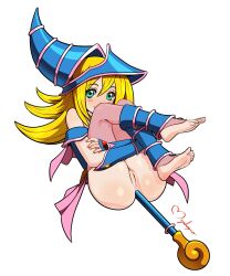 1girl anal anal_object_insertion armor artist_name ass bare_shoulders barefoot blonde_hair blue_hat blush_stickers bottomless clitoral_hood commentary dark_magician_girl duel_monster english_commentary feet greaves green_eyes hat helmet highres hugging_own_legs kneepits knees_to_chest long_hair looking_at_viewer mage_staff maho_malice object_insertion pink_thighhighs pussy simple_background smile soles solo thighhighs thighs toes vambraces white_background wizard_hat yu-gi-oh!