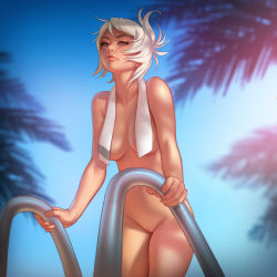 Rule 34 | 1girl, absurdres, blue sky, breasts, brown eyes, cleavage, closed mouth, collarbone, convenient censoring, day, highres, league of legends, lips, looking at viewer, medium breasts, navel, non-web source, nude, outdoors, palm tree, pool ladder, pussy, red lips, riven (league of legends), sky, solo, standing, summer, towel, tree, tsuaii, uncensored, white hair