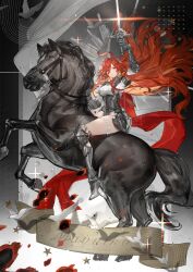 1girl absurdres armor breasts earrings gauntlets genshin_impact highres holding holding_sword holding_weapon horse horseback_riding jewelry knight long_hair looking_at_viewer mavuika_(genshin_impact) multicolored_hair orange_hair red_hair riding shoulder_armor sword very_long_hair weapon yolanda