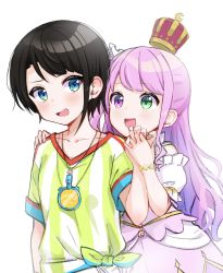 Rule 34 | 2girls, bad id, bad twitter id, black hair, blue eyes, blush, breasts, collarbone, commentary request, crown, detached sleeves, dress, grabbing, grabbing from behind, green eyes, hand up, heterochromia, highres, himemori luna, himemori luna (1st costume), holding hands, hololive, jersey, kirome toru 2, long hair, looking at another, looking back, multiple girls, oozora subaru, oozora subaru (1st costume), open mouth, pink dress, pink eyes, pink hair, princess, shirt, short hair, short sleeves, sidelocks, simple background, stopwatch, striped clothes, striped shirt, swept bangs, tied shirt, tomboy, upper body, virtual youtuber, watch, white background