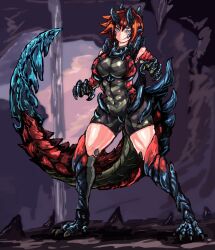 Rule 34 | 1girl, animal feet, animal hands, bike shorts, blue eyes, blush, bodysuit, breasts, claws, commentary request, glavenus, highres, horns, large breasts, looking at viewer, monster girl, monster hunter (series), orange hair, reptile girl, smirk, solo, standing, tail, talons, thighs, udetamago