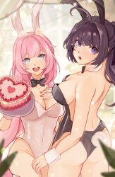 Rule 34 | 2girls, absurdres, alternate costume, animal ears, bare back, bare legs, bare shoulders, black leotard, blue eyes, blurry, blurry background, blush, bow, bowtie, breasts, cake, cleavage, collarbone, cowboy shot, detached collar, elysia (honkai impact), fake animal ears, fake tail, food, from behind, highleg, highleg leotard, highres, holding, holding tray, honkai (series), honkai impact 3rd, large breasts, leotard, long hair, looking at viewer, looking back, mofumanju, multiple girls, open mouth, pink hair, playboy bunny, pointy ears, purple eyes, purple hair, rabbit ears, rabbit tail, raiden mei, smile, standing, strapless, strapless leotard, tail, teeth, tray, upper teeth only, white leotard, wrist cuffs