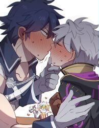 Rule 34 | 1other, 2boys, absurdres, artist self-insert, black claws, blush, chrom (fire emblem), claws, closed eyes, commentary, english commentary, fire emblem, fire emblem awakening, food, furry, half-closed eye, hand on another&#039;s chin, hand on another&#039;s shoulder, happy aura, head on hand, heart, highres, imminent kiss, kiss, koge (natsub bkoge), male focus, multiple boys, nintendo, original, popcorn, robin (fire emblem), robin (male) (fire emblem), sparkle, sweatdrop, tail, tail wagging, tongue, tongue out, watching, white background, yaoi
