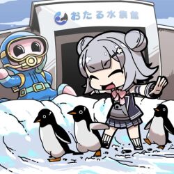Rule 34 | 1girl, aquarium, bird, black jacket, black skirt, blue sky, bow, bowtie, building, cevio, closed eyes, double bun, flipped hair, following, grey hair, grey hoodie, hair bun, hood, hoodie, jacket, jacket over hoodie, koharu rikka, lowres, mascot, moyasiwhite, open clothes, open jacket, otaru (hokkaido), outdoors, outline, outstretched arms, penguin, pink bow, pink bowtie, pleated skirt, real world location, second-party source, short hair, skirt, sky, smile, snow, socks, solo, spread arms, statue, synthesizer v, v-shaped eyebrows, walking, white socks