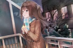 Rule 34 | 10s, 1girl, bare tree, breath, brown eyes, brown hair, checkered clothes, checkered scarf, coat, commentary request, half updo, highres, idolmaster, idolmaster cinderella girls, kachayori, long hair, one side up, open mouth, scarf, shimamura uzuki, side ponytail, solo, star (symbol), tree