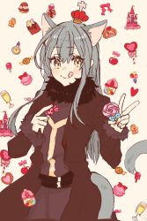 Rule 34 | 1other, androgynous, animal ears, blue hair, blush, candy, closed mouth, food, fur, fur collar, fur scarf, fur trim, gingerbread man, hair between eyes, highres, licking lips, lollipop, long hair, looking at viewer, ribbon, rimuru tempest, sakusan yousoeki, scarf, simple background, smile, solo, sweets, tail, tensei shitara slime datta ken, tongue, tongue out, v, wolf ears, wolf girl, wolf tail, yellow eyes