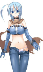 Rule 34 | 1girl, :o, ahoge, blue eyes, blue hair, breasts, cape, clothes pull, collar, denim, elbow gloves, gloves, huge ahoge, jeans, matching hair/eyes, ment, navel, open fly, open pants, original, panties, pants, pants pull, scarf, short hair, solo, standing, strapless, tube top, underwear, unzipped, white panties