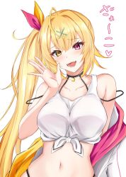 Rule 34 | 1girl, :d, bare shoulders, blonde hair, blush, commentary request, crop top, hand up, head tilt, heterochromia, highres, hoshikawa sara, hoshikawa sara (1st costume), long hair, looking at viewer, midriff, navel, nijisanji, off shoulder, open mouth, pink eyes, simple background, smile, solo, stomach, tank top, upper body, very long hair, virtual youtuber, watarase piro, white background, white tank top, yellow eyes