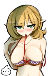 Rule 34 | ..., 1girl, arm behind back, bare shoulders, blonde hair, blush, bra, breasts, brown bra, cleavage, collarbone, green eyes, hand on own shoulder, highres, kaliningradg, large breasts, looking at viewer, medium hair, mizuhashi parsee, mouth hold, multicolored bra, multicolored clothes, navel, partially undressed, pointy ears, pulling own clothes, purple bra, simple background, solo, spoken ellipsis, strap pull, strap slip, string, string of fate, touhou, underwear, upper body, white background