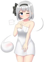 Rule 34 | 1girl, bare legs, black bow, black hairband, blue eyes, blush, bob cut, bow, bow hairband, collarbone, cowboy shot, dot nose, ghost, hairband, highres, hitodama, konpaku youmu, konpaku youmu (ghost), legs, looking back, naked towel, one eye closed, parted lips, short hair, simple background, solo, speech bubble, thighs, touhou, towel, white background, white hair, youmu-kun
