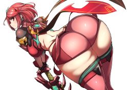 Rule 34 | 1girl, ass, ass focus, back, bad id, bad twitter id, bodysuit, breasts, cowboy shot, female focus, from behind, holding, holding weapon, huge ass, huge breasts, jewelry, large breasts, looking at viewer, looking back, matching hair/eyes, nintendo, nuezou, pyra (xenoblade), red eyes, red hair, short hair, simple background, smile, solo, source request, sword, thighhighs, thighs, v arms, weapon, white background, wide hips, xeno (series), xenoblade chronicles (series), xenoblade chronicles 2