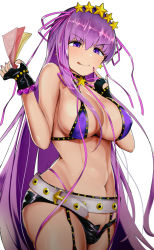 Rule 34 | 1girl, bb (fate), bb (fate) (all), bb (swimsuit mooncancer) (fate), bb (swimsuit mooncancer) (second ascension) (fate), belt, bikini, breasts, covered erect nipples, dia, earrings, fate/grand order, fate (series), fingerless gloves, garter straps, gloves, gold trim, hair ribbon, holding, holding money, jewelry, large breasts, long hair, micro shorts, money, nail polish, nanasumi (pantie party project), naughty face, navel, open fly, purple bikini, purple eyes, purple hair, ribbon, short shorts, shorts, solo, star (symbol), star earrings, swimsuit, very long hair