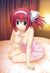 Rule 34 | 1girl, absurdres, arm support, bare arms, bare shoulders, bed, bed sheet, blue eyes, blush, bow, breasts, breasts out, collarbone, curtains, desk lamp, full body, hair between eyes, hair bow, hairband, hand on own chest, highres, indoors, lamp, long hair, looking at viewer, love-bride eve, medium breasts, mutsumi masato, naked towel, nipples, off shoulder, on bed, open mouth, pink towel, red hair, scan, side ponytail, sitting, solo, towel, white bow, white hairband, yokozuwari, yuzuya miyu