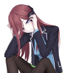 Rule 34 | 1girl, black jacket, black pantyhose, blue eyes, blue sweater, brown hair, closed mouth, go-toubun no hanayome, green skirt, haolihai, head tilt, highres, jacket, long hair, long sleeves, looking at viewer, miniskirt, nakano miku, open clothes, open jacket, pantyhose, school uniform, simple background, sitting, skirt, smile, solo, straight hair, sweater, very long hair, white background