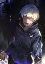 Rule 34 | 1boy, absurdres, black jacket, blonde hair, blood, buttons, commentary request, facial tattoo, high collar, highres, inumaki toge, jacket, jujutsu kaisen, kyuuba melo, long sleeves, looking at viewer, male focus, open mouth, purple eyes, short hair, solo, tattoo, teeth, tongue