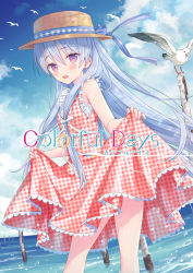 Rule 34 | 1girl, :d, animal, bird, blue bow, blue hair, blue sky, blush, bow, brown hat, cloud, cloudy sky, commentary request, day, dress, hair between eyes, hair bow, hat, hat bow, horizon, long hair, looking at viewer, ocean, open mouth, original, outdoors, plaid, plaid dress, purple eyes, red dress, seagull, skirt hold, sky, smile, solo, standing, unmoving pattern, very long hair, water, white bow, yuuki rika
