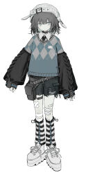 Rule 34 | 1girl, absurdres, argyle, argyle clothes, argyle sweater, badge, bandage on knee, bandaged leg, bandages, bandaid, bandaid on knee, bandaid on leg, belt, black choker, black hair, black shorts, black sleeves, boots, buckle, button badge, choker, closed mouth, colored inner hair, detached sleeves, expressionless, fanny pack, full body, green eyes, green hair, green nails, hat, highres, jewelry, leg warmers, long sleeves, multicolored hair, nail polish, original, pale skin, ring, short hair, shorts, simple background, solo, standing, streetwear, striped leg warmers, sweater, tekito midori, torn clothes, torn shorts, v-neck, white background, white footwear, white hat, wide sleeves