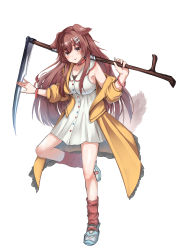 Rule 34 | 1girl, absurdres, animal ears, armband, blush, bone hair ornament, breasts, brown eyes, brown hair, collar, collarbone, dog ears, dog girl, dog tail, dress, hair between eyes, hair ornament, highres, holding, holding scythe, hololive, inugami korone, inugami korone (1st costume), jacket, leg up, long hair, looking at viewer, medium breasts, micon, off shoulder, open clothes, open jacket, red collar, scythe, sidelocks, simple background, sleeveless, sleeveless dress, solo, tail, tongue, tongue out, virtual youtuber, white background, white dress, yellow jacket