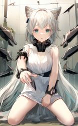 Rule 34 | 1girl, absurdres, animal ears, arknights, arm up, black collar, breasts, cat ears, cat girl, collar, cuffs, detached wings, dress, earpiece, green eyes, grey hair, highres, kneeling, long hair, looking at viewer, mechanical wings, official alternate costume, rosmontis (become anew) (arknights), shackles, small breasts, solo, very long hair, welt (kinsei koutenkyoku), white dress, wings