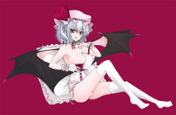 Rule 34 | 1girl, bat wings, blue hair, breasts, corset, demon wings, female focus, frilled pillow, frills, hat, legs, lingerie, medium breasts, nipples, pillow, pointy ears, pussy, red eyes, remilia scarlet, short hair, silver hair, simple background, sitting, solo, thighhighs, touhou, underwear, utakata (kochou no yume), white thighhighs, wings