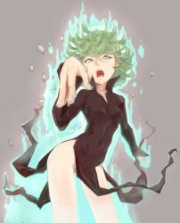 Rule 34 | 1girl, ass, black dress, breasts, curly hair, dress, green eyes, green hair, grey background, highres, looking at viewer, nyonn24, one-punch man, open mouth, short hair, side slit, simple background, solo, tatsumaki, telekinesis, thighs