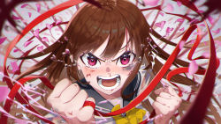 Rule 34 | 1girl, absurdres, black sailor collar, blood, bow, bowtie, brown hair, bruise, bruise on face, clenched hands, heart, heart-shaped pupils, highres, injury, long hair, looking at viewer, nosebleed, open mouth, original, pink eyes, sailor collar, school uniform, serafuku, shirt, solo, string, string of fate, symbol-shaped pupils, taiga (ryukyu-6102-8), tears, white shirt, wide-eyed, yellow bow, yellow bowtie